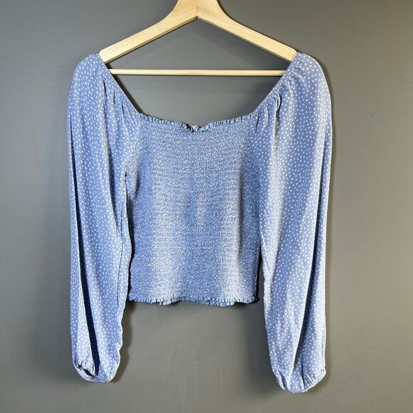 American Eagle Smocked Square Neck Long Sleeve Blouse Top Blue Polka Dot Size M - Picture 4 of 6